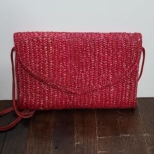 Vintage 80s 90s Red Straw Foldover Shoulder Purse